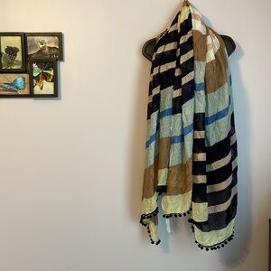 Ann Taylor Rayon Striped Multicolor Pom Pom End Scarf or Coverup Wrap OS